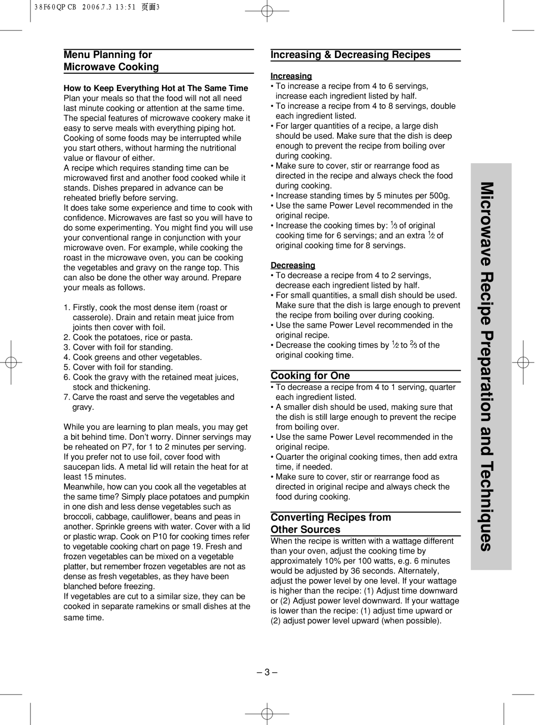 Panasonic nn-sd686s manual Menu Planning for Microwave Cooking, Increasing & Decreasing Recipes, Cooking for One 