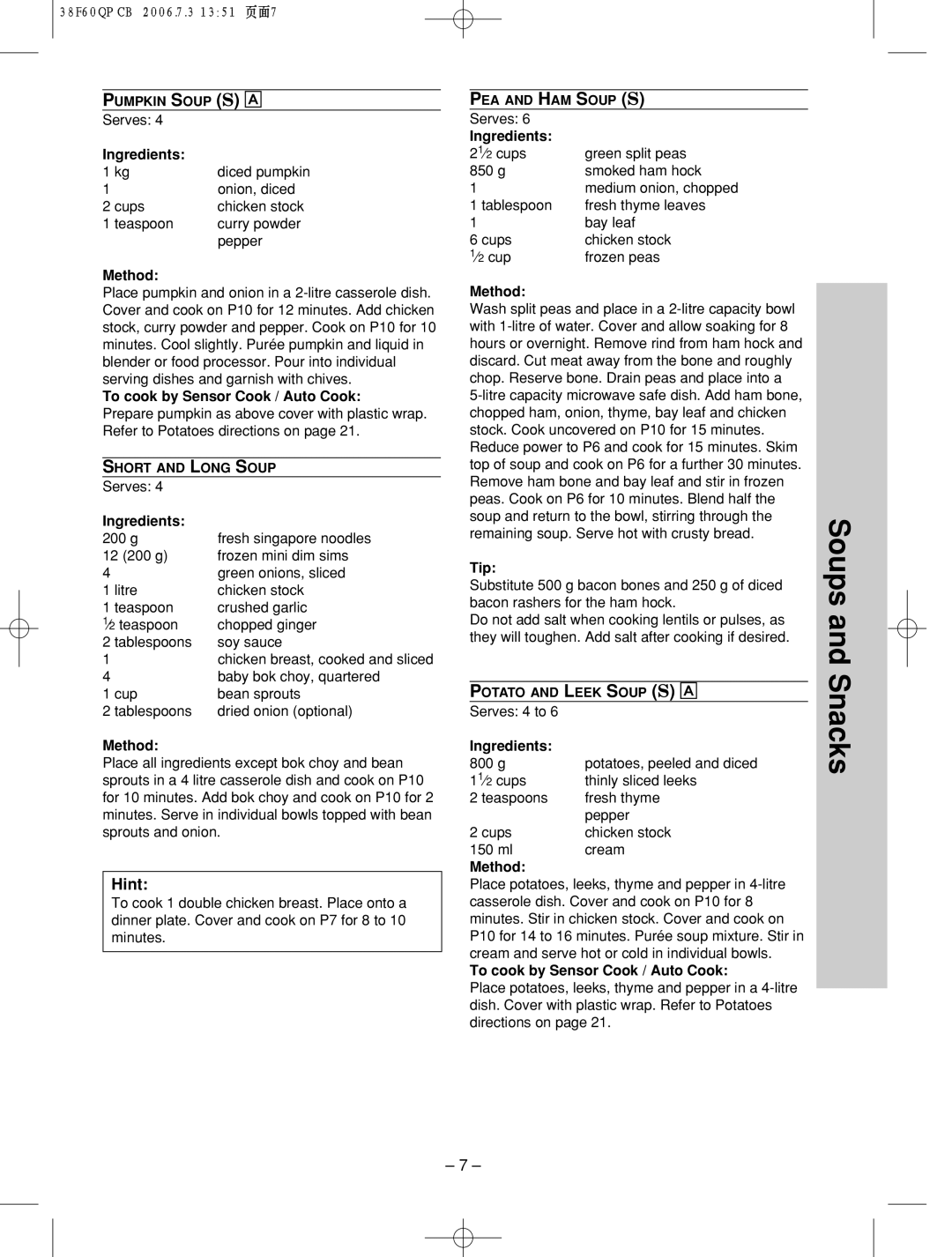 Panasonic nn-sd686s manual Soups and Snacks, Hint 