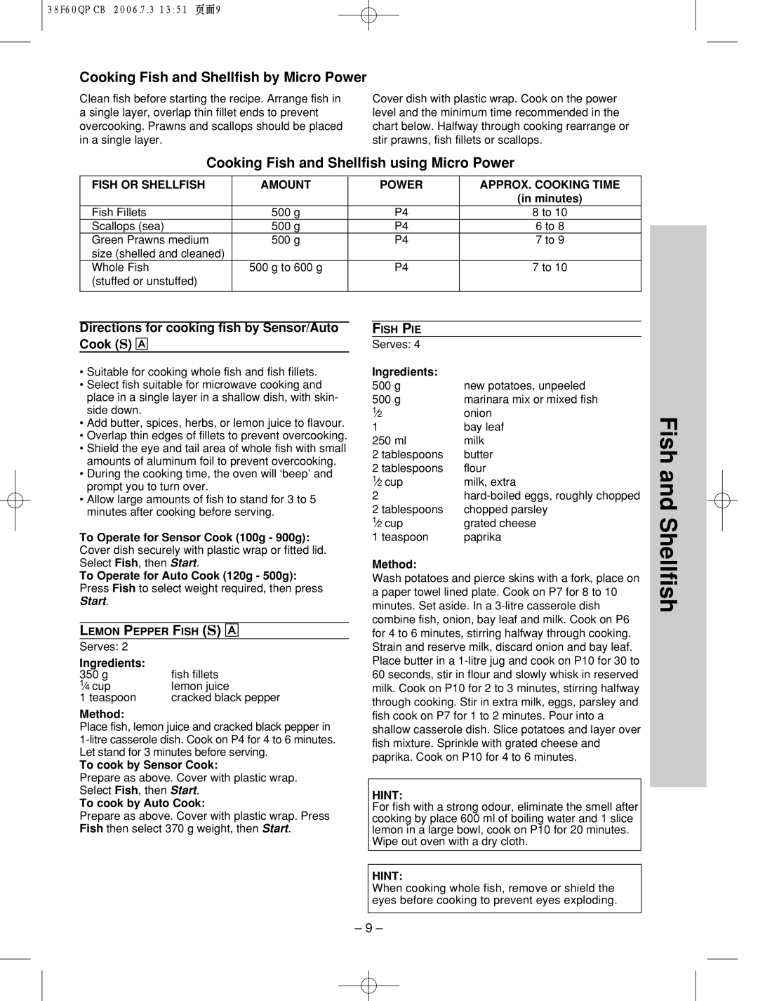 Panasonic nn-sd686s manual Cooking Fish and Shellfish by Micro Power, Cooking Fish and Shellfish using Micro Power 