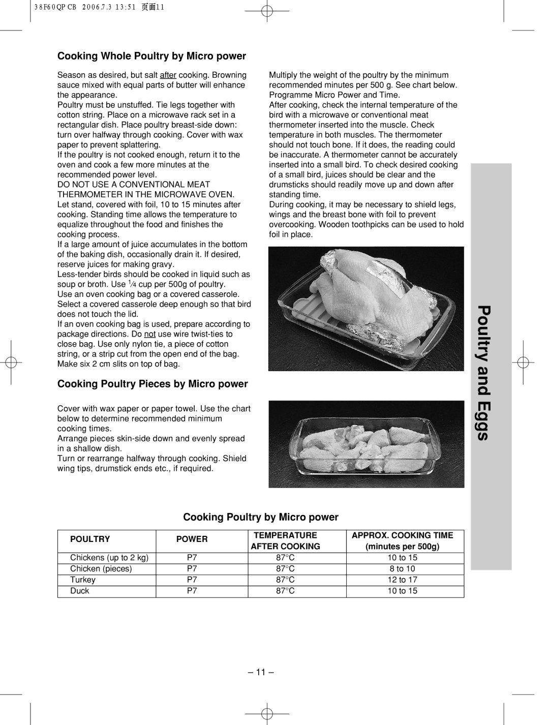 Panasonic nn-sd686s manual Eggs, Cooking Whole Poultry by Micro power, Cooking Poultry Pieces by Micro power 