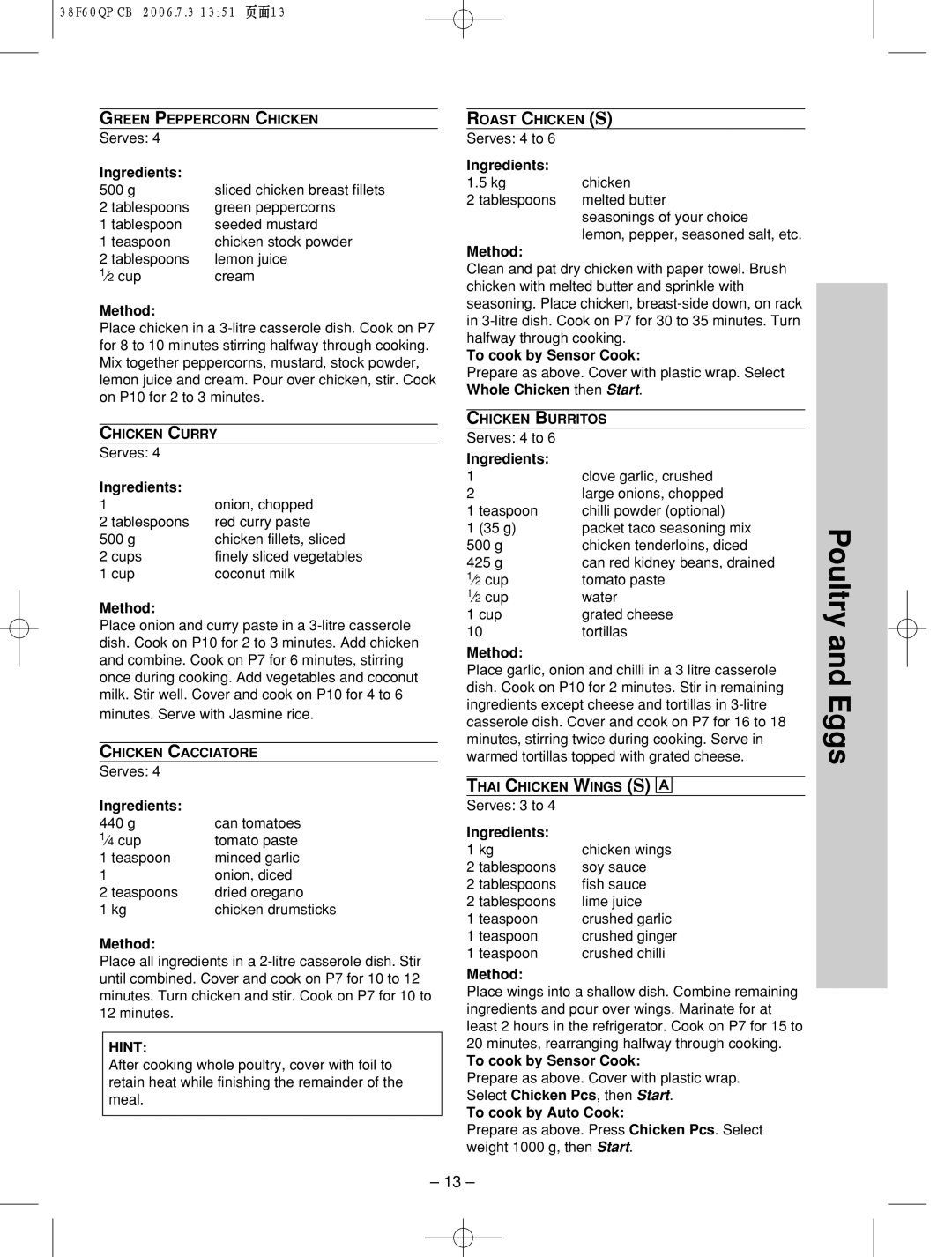 Panasonic nn-sd686s manual Poultry and Eggs 