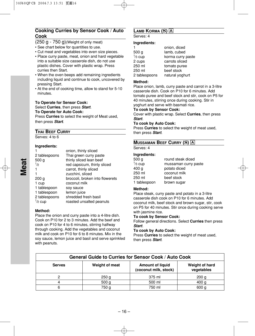 Panasonic nn-sd686s manual Cooking Curries by Sensor Cook / Auto Cook, General Guide to Curries for Sensor Cook / Auto Cook 