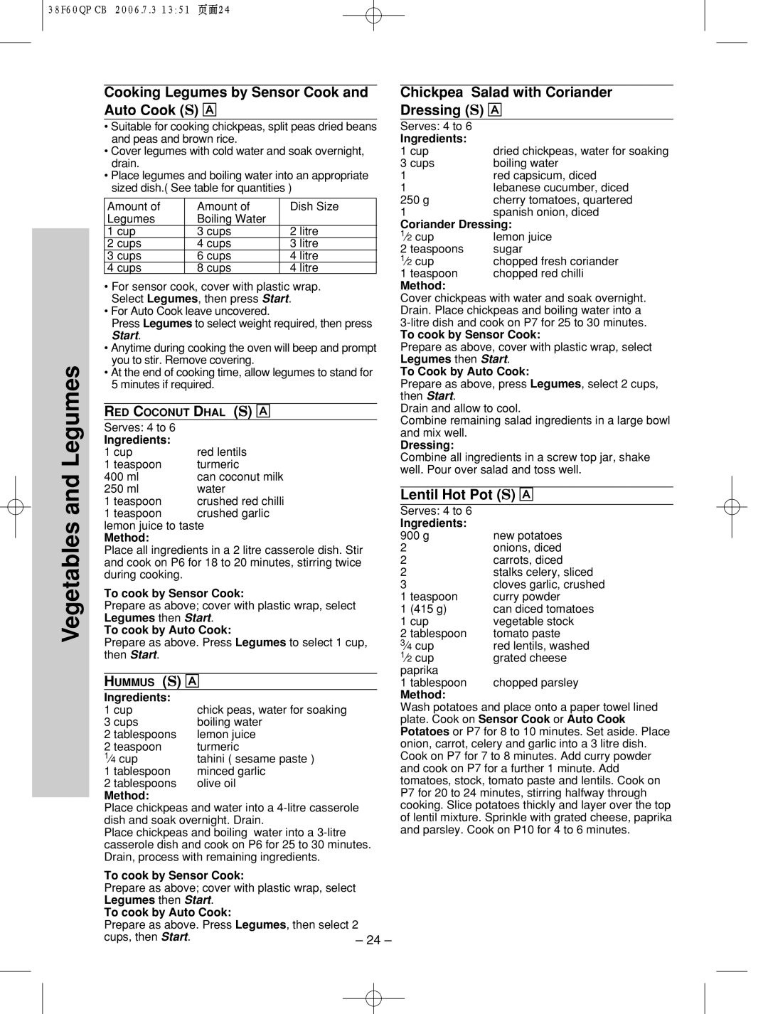 Panasonic nn-sd686s manual Cooking Legumes by Sensor Cook Auto Cook S Å, Chickpea Salad with Coriander Dressing S Å 