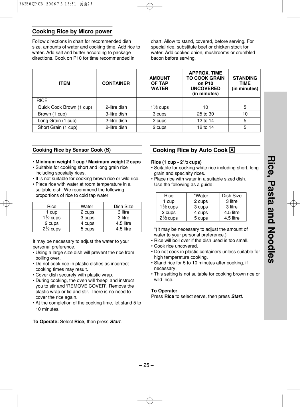 Panasonic nn-sd686s manual Rice, Pasta and Noodles, Cooking Rice by Micro power, Cooking Rice by Auto Cook Å 