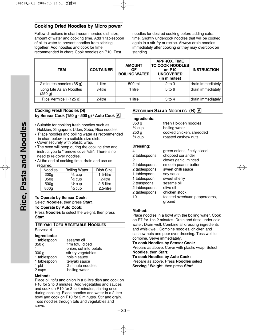 Panasonic nn-sd686s manual Cooking Dried Noodles by Micro power, APPROX. Time Amount To Cook Noodles Container, Instruction 