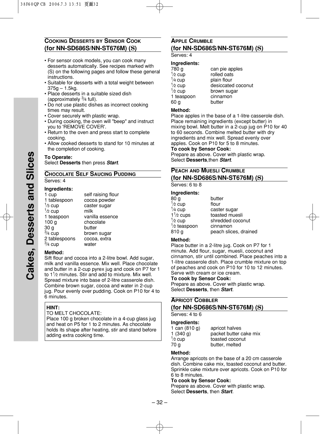 Panasonic nn-sd686s manual For NN-SD686S/NN-ST676M S, Desserts 