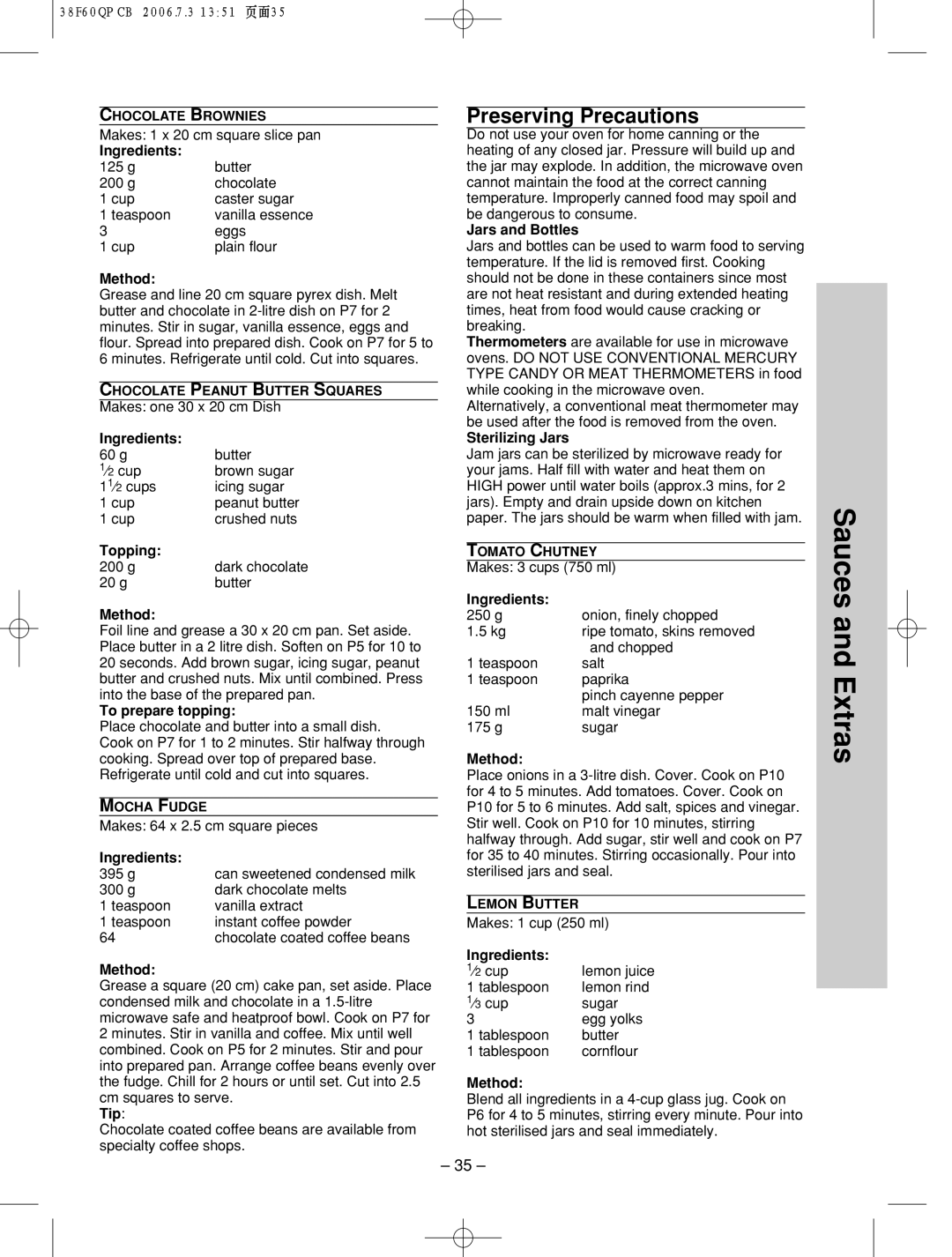 Panasonic nn-sd686s manual Sauces and Extras, Topping, To prepare topping, Jars and Bottles, Sterilizing Jars 