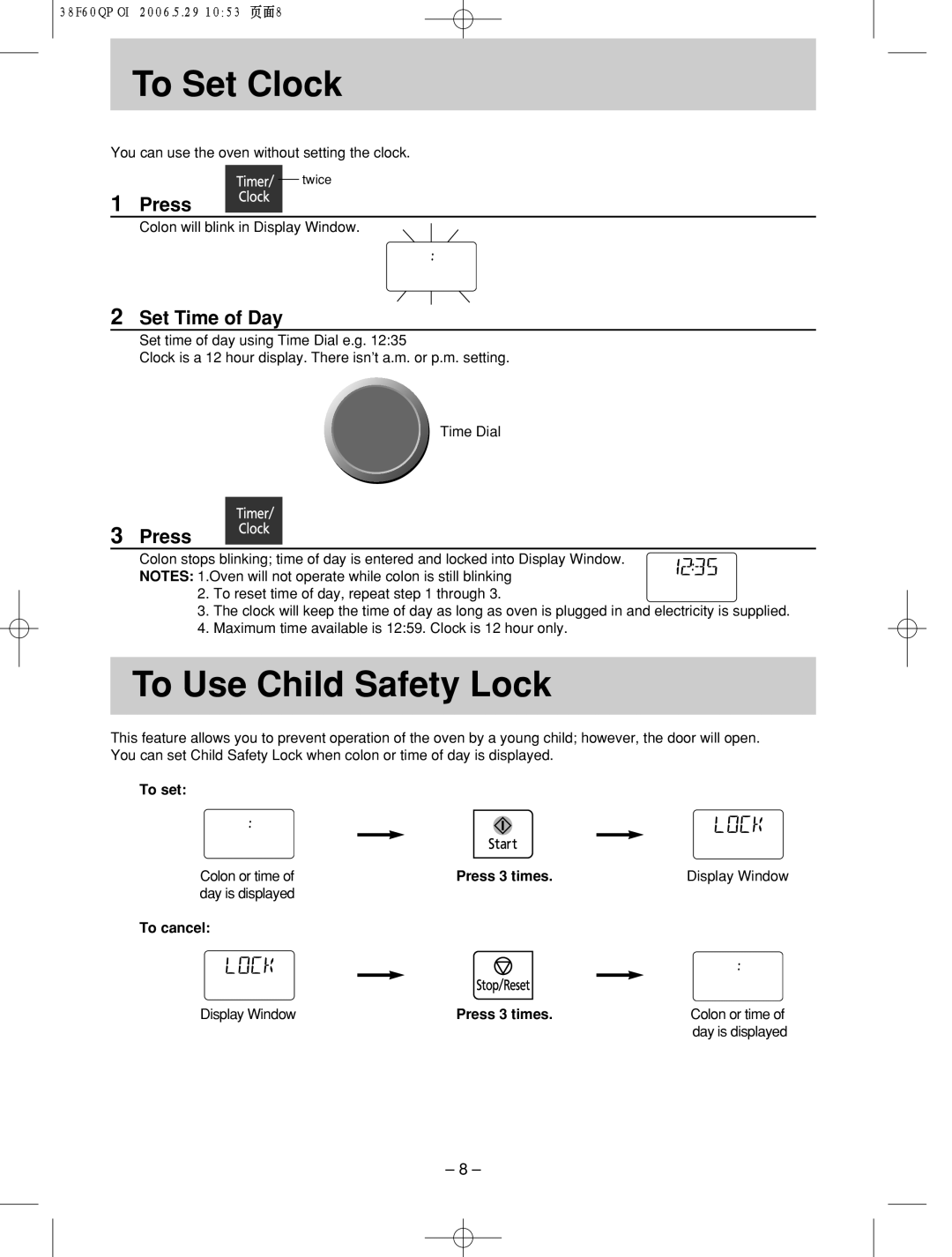 Panasonic nn-sd686s manual To!!!Set!! !Clock, To Use Child Safety Lock, Set Time of Day, To set, To cancel 