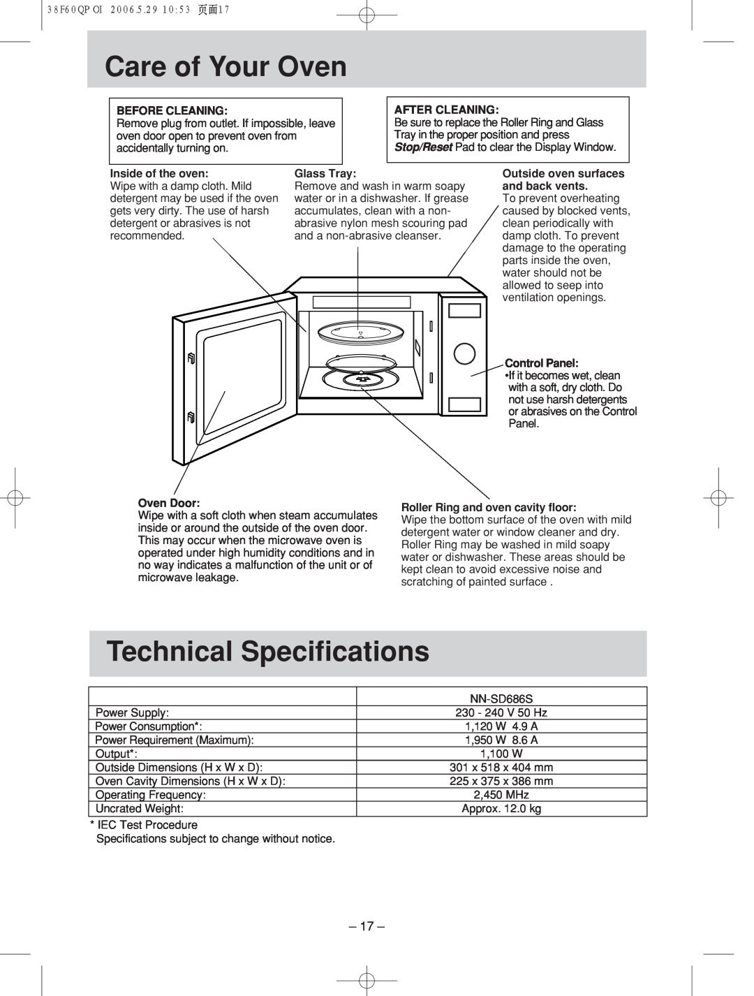 Panasonic nn-sd686s Care!!!!!of! Your Oven, Technical Specifications, Before Cleaning, After Cleaning, Inside of the oven 