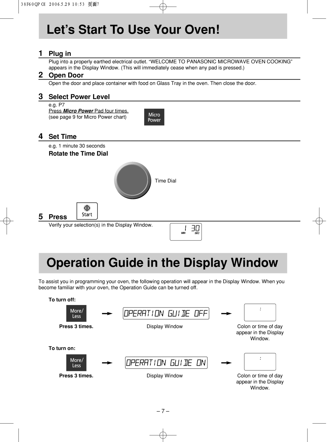 Panasonic nn-sd686s Let’s!!!!! Start! To Use Your Oven, Operation Guide in the Display Window, Plug in, Open Door, Press 
