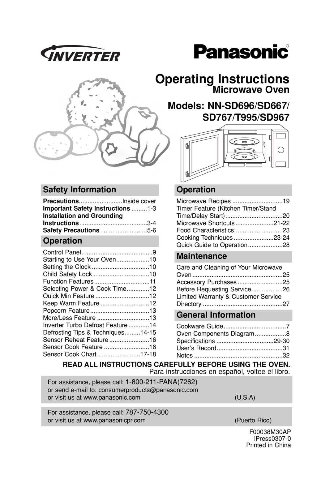 Panasonic NN-T995, NN-SD696 operating instructions Operating Instructions, Safety Information Operation, Maintenance 