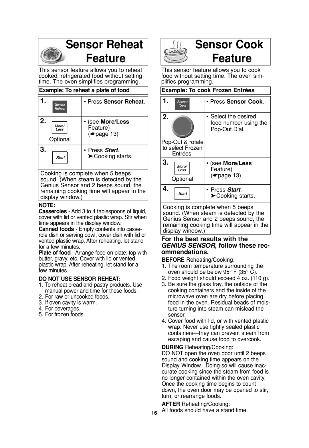 Panasonic NN-SD667 Sensor Reheat Feature, Sensor Cook Feature, Example To reheat a plate of food, Do not USE Sensor Reheat 