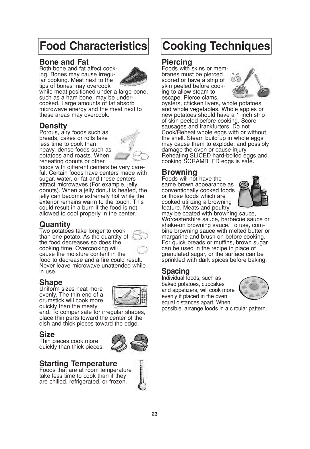 Panasonic NN-SD696, NN-T995, NN-SD967, NN-SD667, NN-SD767 operating instructions Food Characteristics Cooking Techniques 