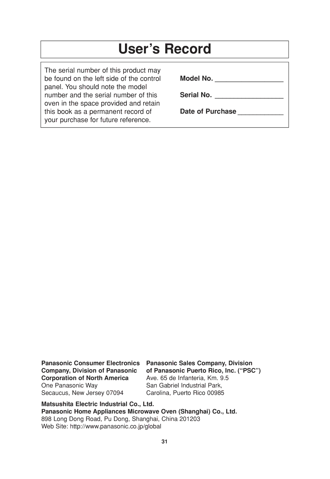 Panasonic NN-SD667, NN-SD696, NN-T995, NN-SD967, NN-SD767 operating instructions User’s Record, Date of Purchase 