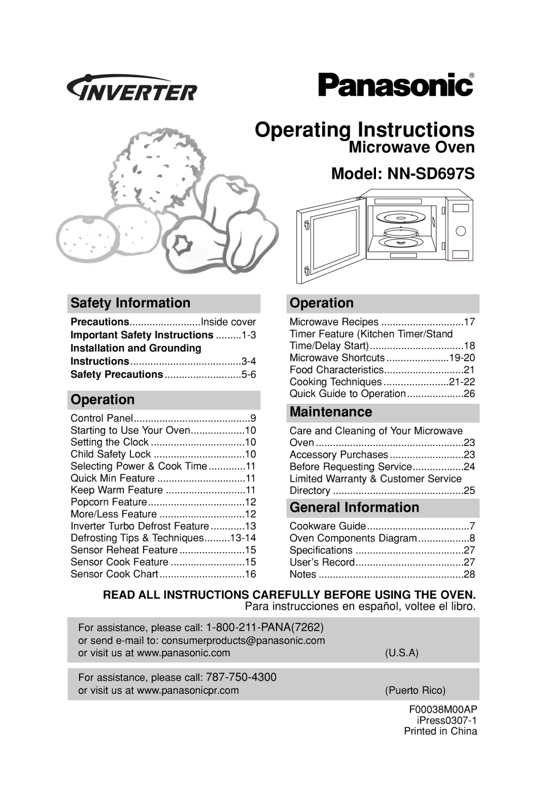 Panasonic NN-SD697S operating instructions Operating Instructions, Safety Information, Operation, Maintenance 