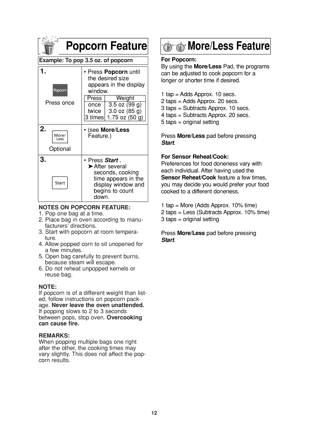 Panasonic NN-SD697S operating instructions Popcorn Feature, Example To pop 3.5 oz. of popcorn, See More/Less, For Popcorn 