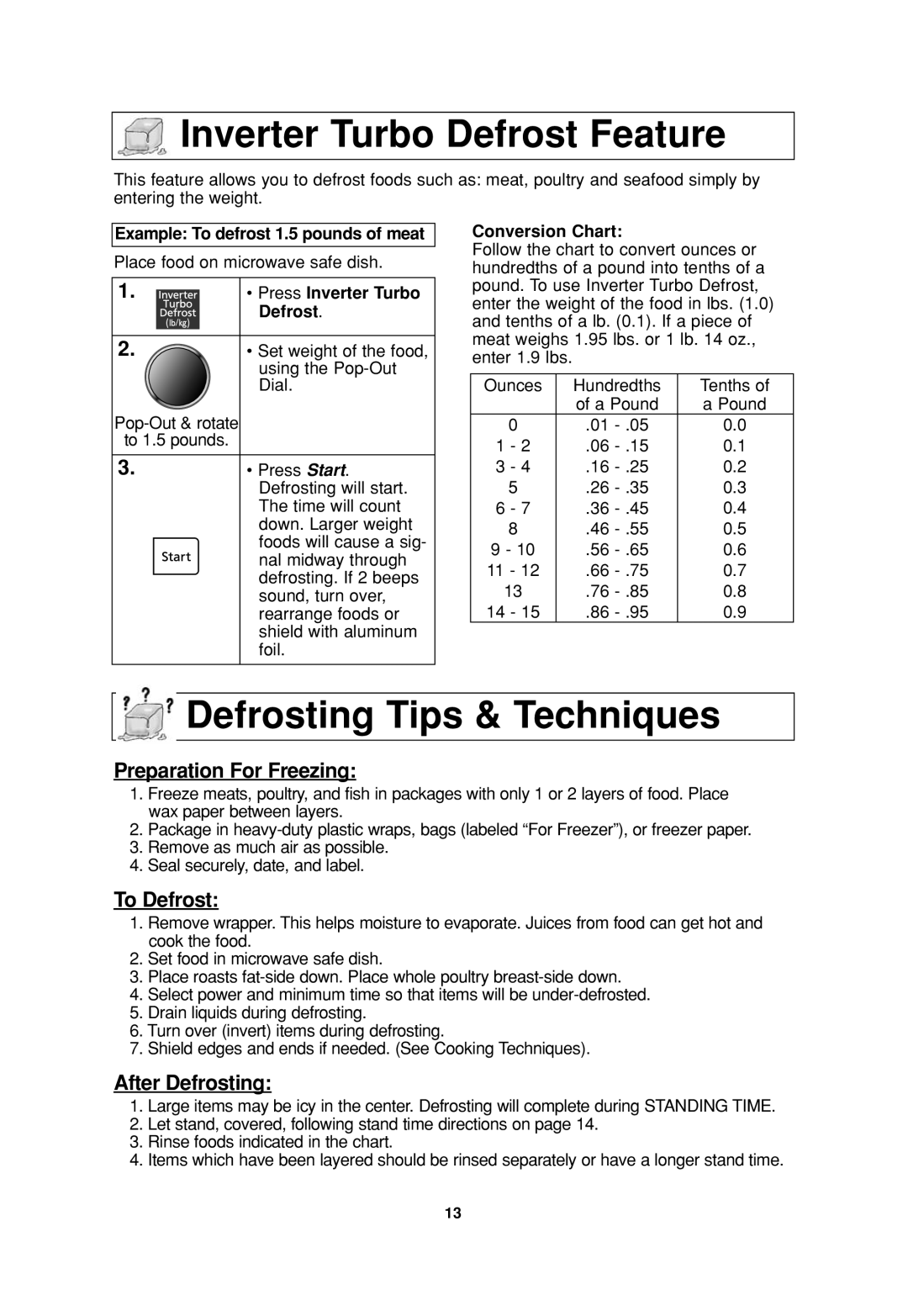 Panasonic NN-SD697S operating instructions Inverter Turbo Defrost Feature, Defrosting Tips & Techniques 