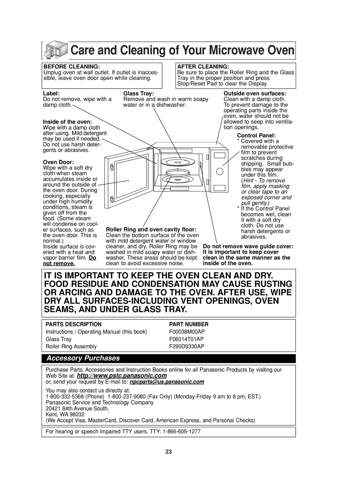 Panasonic NN-SD697S operating instructions Care and Cleaning of Your Microwave Oven 