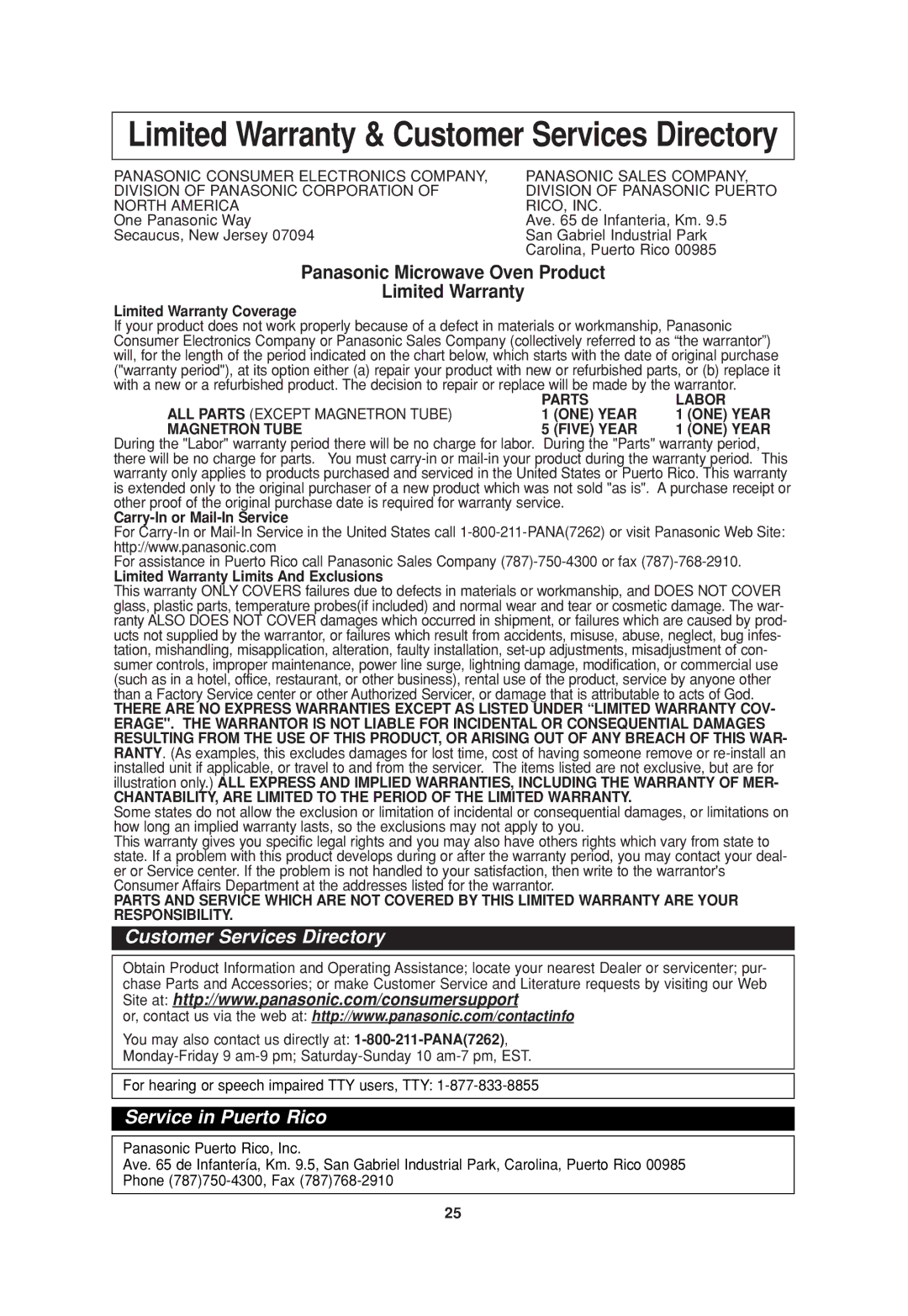 Panasonic NN-SD697S operating instructions Limited Warranty & Customer Services Directory 