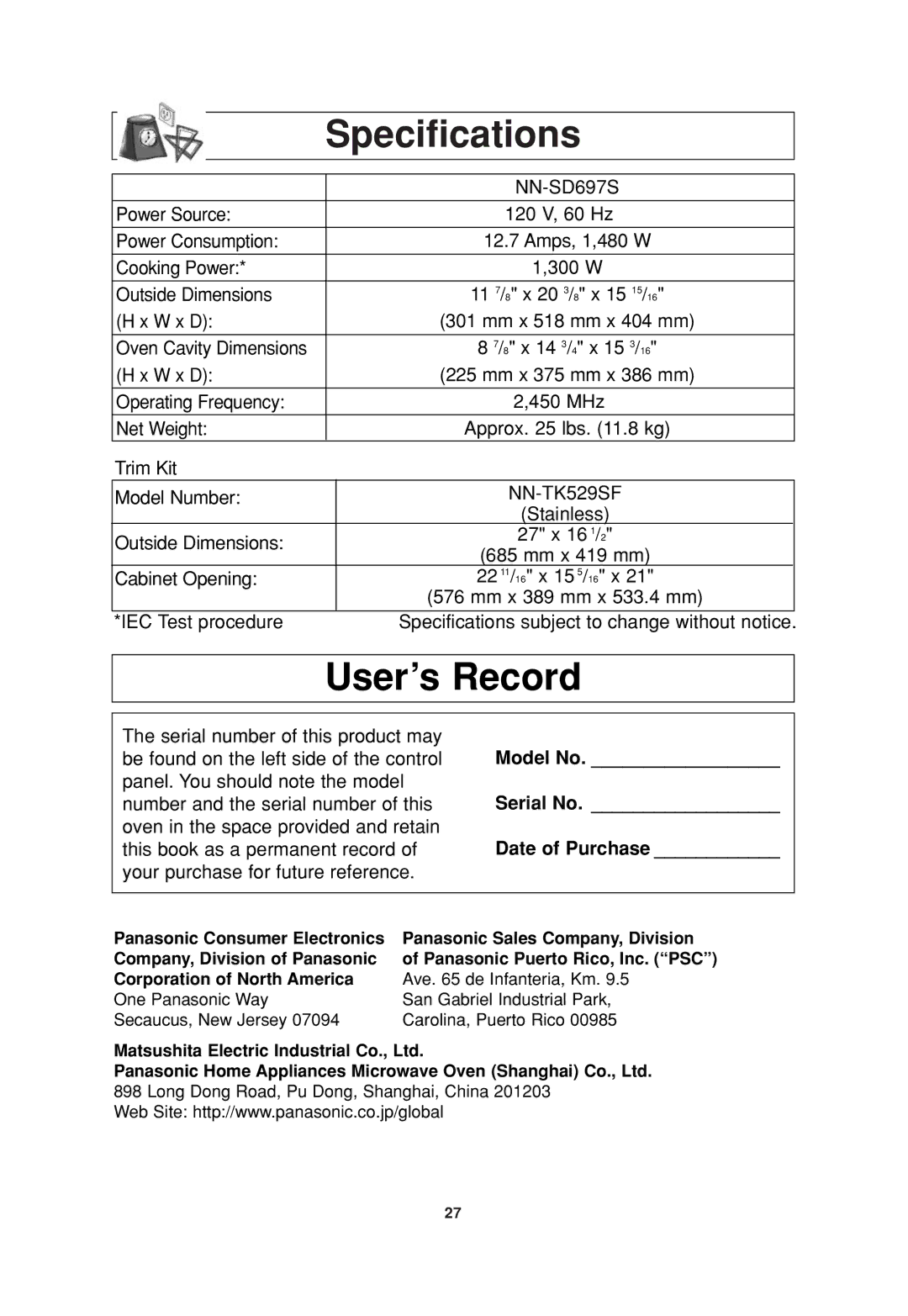 Panasonic NN-SD697S operating instructions Specifications, User’s Record 