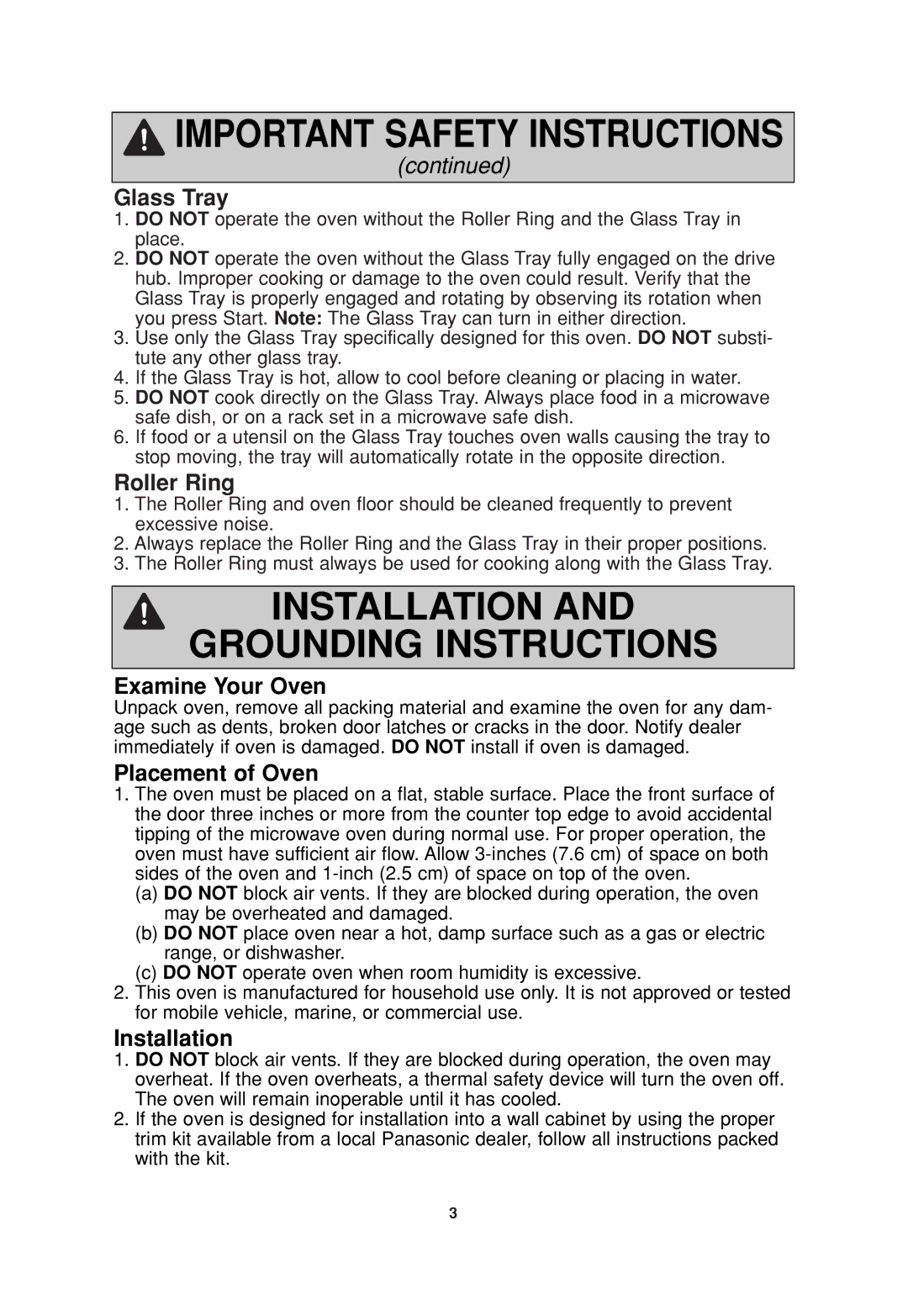 Panasonic NN-SD697S operating instructions Glass Tray, Roller Ring, Examine Your Oven, Placement of Oven, Installation 