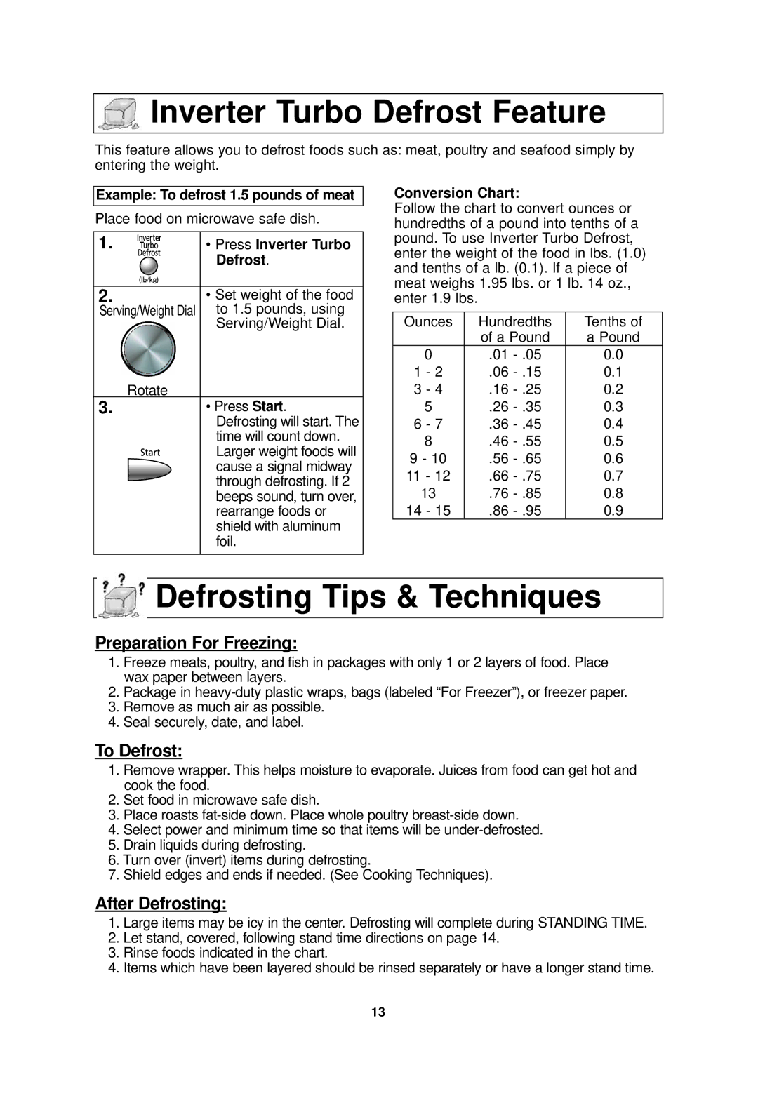 Panasonic NN-SD688S Inverter Turbo Defrost Feature, Defrosting Tips & Techniques, Preparation For Freezing, To Defrost 