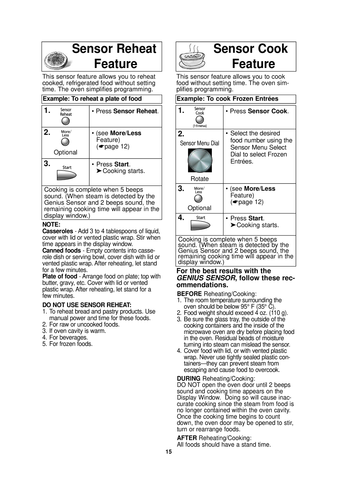 Panasonic NN-SD688S, NN-SD698S Sensor Reheat Feature, Sensor Cook Feature, Do not USE Sensor Reheat 