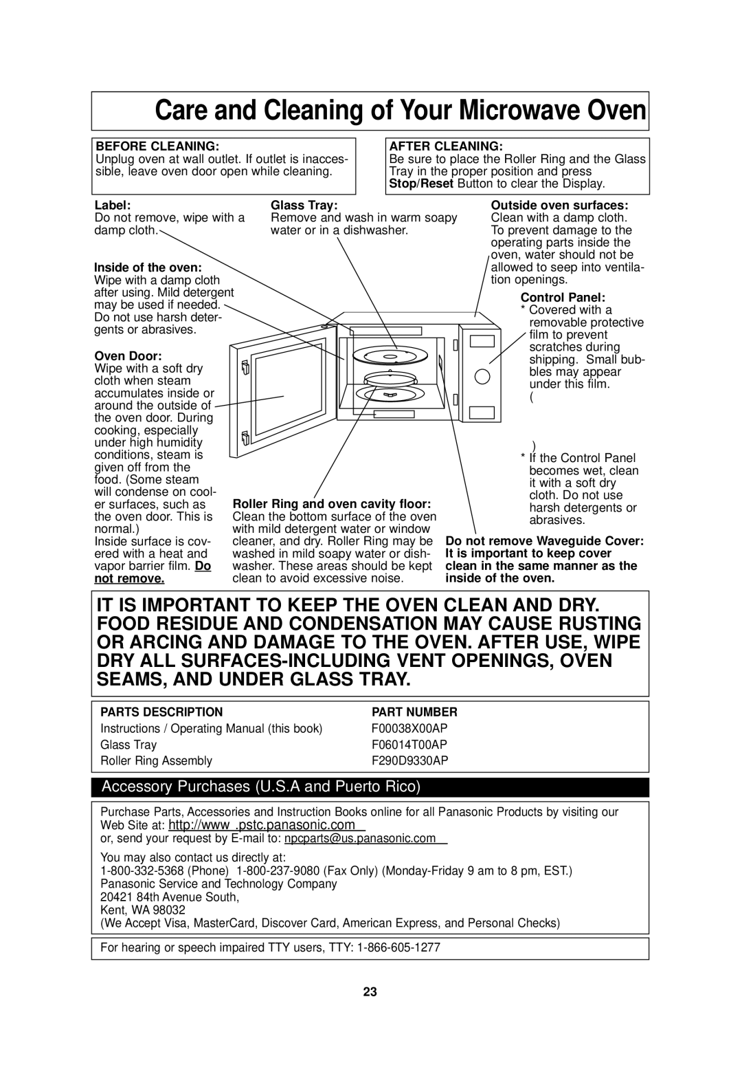 Panasonic NN-SD688S, NN-SD698S important safety instructions Care and Cleaning of Your Microwave Oven 