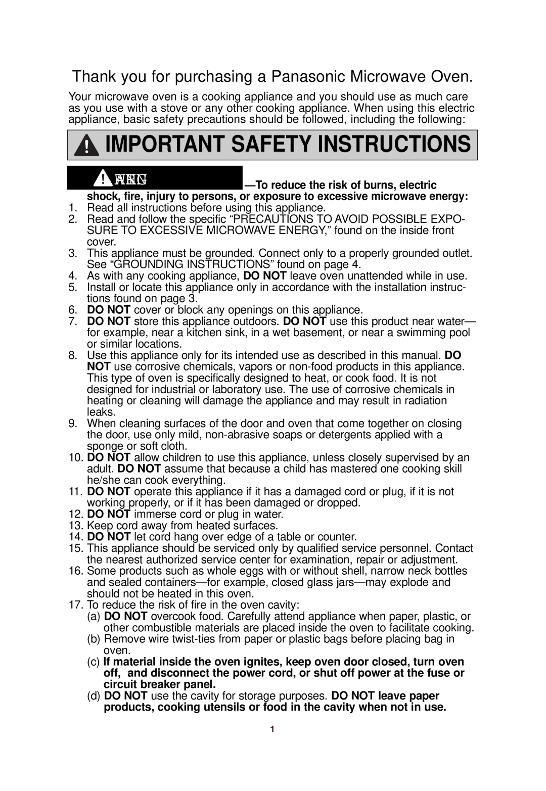 Panasonic NN-SD688S, NN-SD698S important safety instructions Important Safety Instructions 