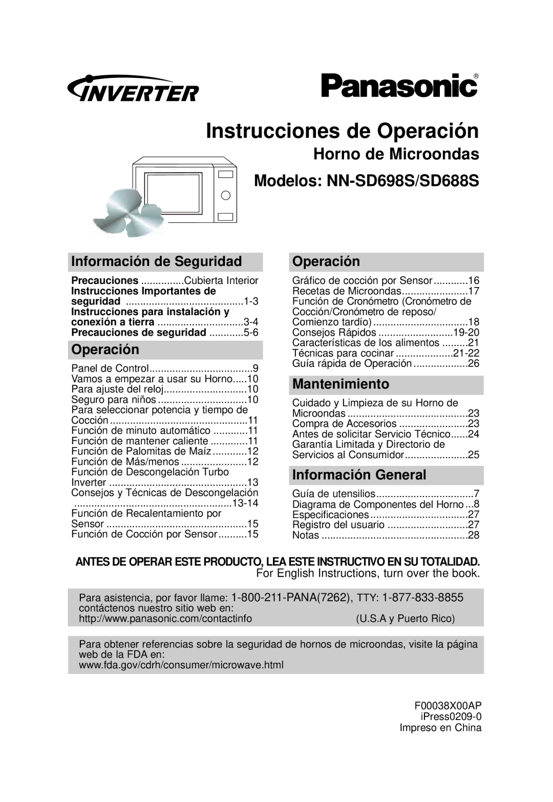 Panasonic NN-SD688S, NN-SD698S Instrucciones de Operación, Información de Seguridad, Mantenimiento, Información General 