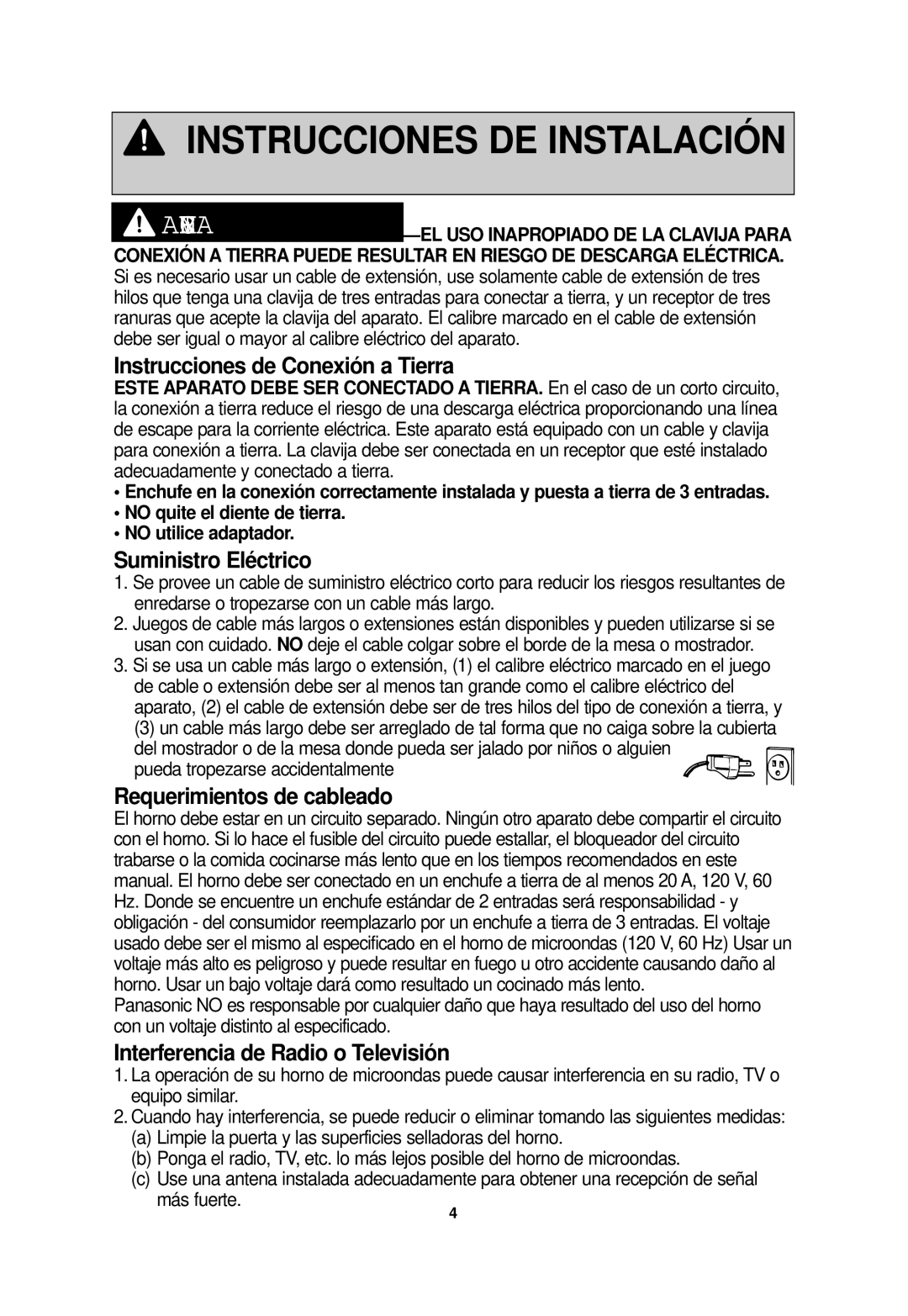 Panasonic NN-SD698S, NN-SD688S Instrucciones de Conexión a Tierra, Suministro Eléctrico, Requerimientos de cableado 