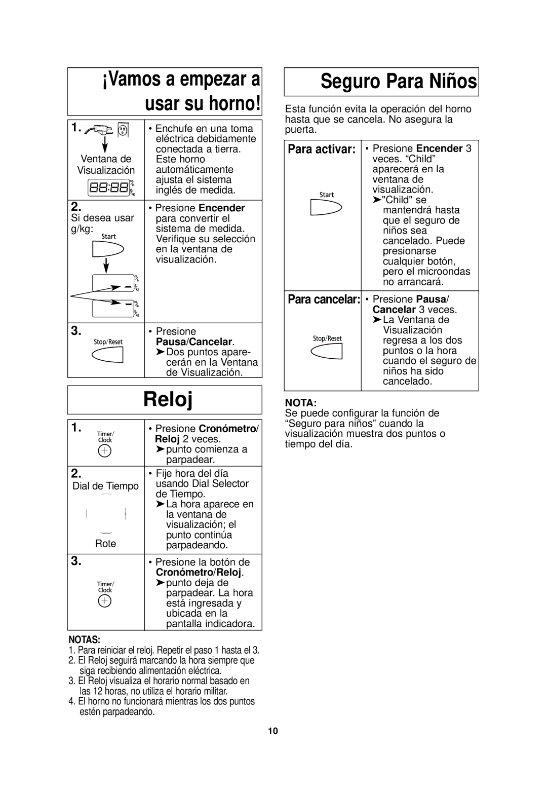Panasonic NN-SD698S, NN-SD688S Reloj, Para activar Presione Encender 3 veces. Child, Pausa/Cancelar, Notas 