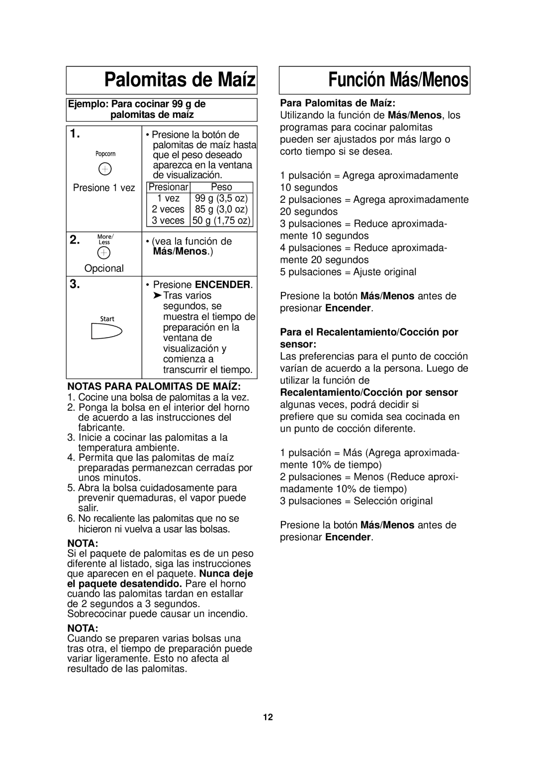 Panasonic NN-SD698S, NN-SD688S important safety instructions Palomitas de Maíz, Notas Para Palomitas DE Maíz 