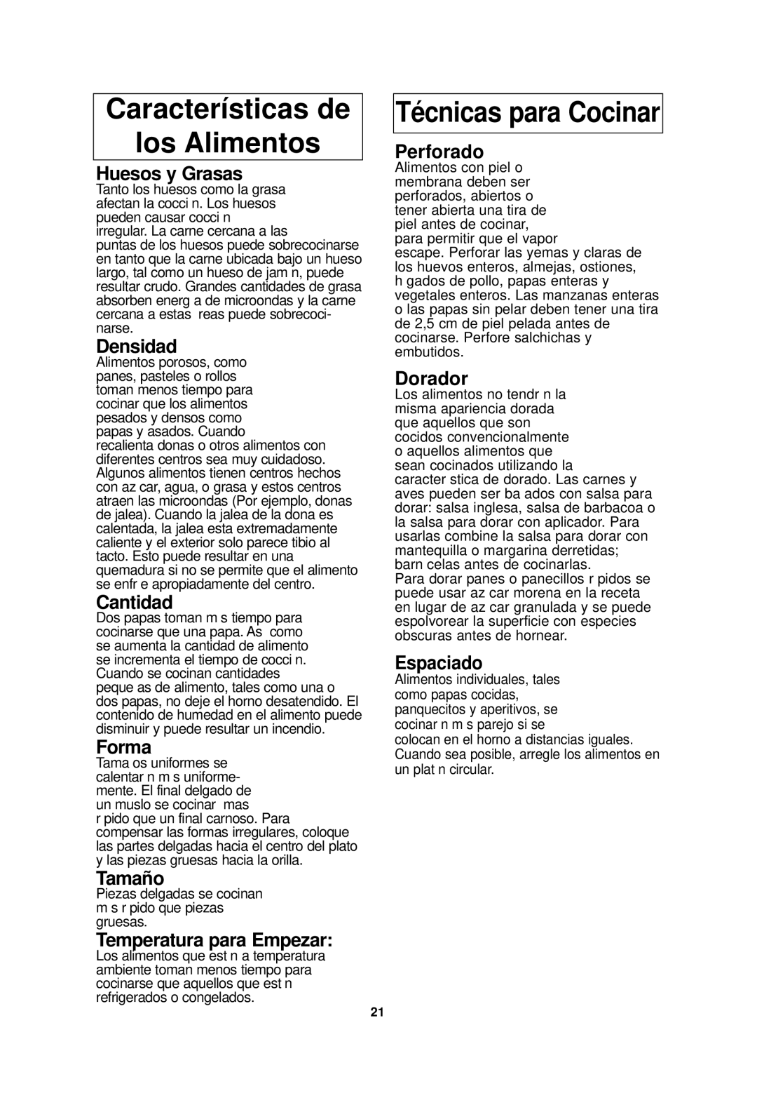 Panasonic NN-SD688S, NN-SD698S important safety instructions Características de Los Alimentos 