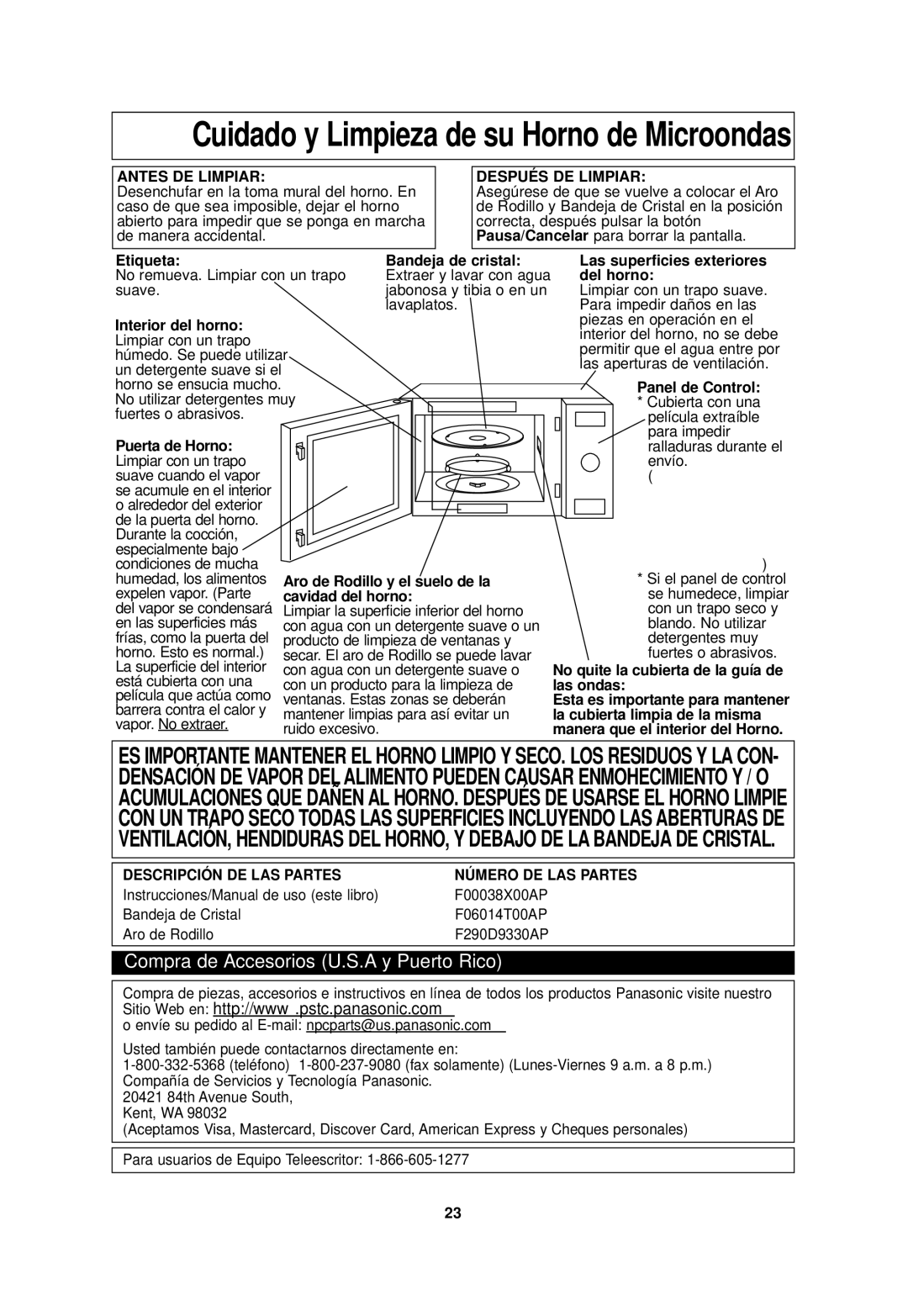 Panasonic NN-SD688S, NN-SD698S important safety instructions Cuidado y Limpieza de su Horno de Microondas 