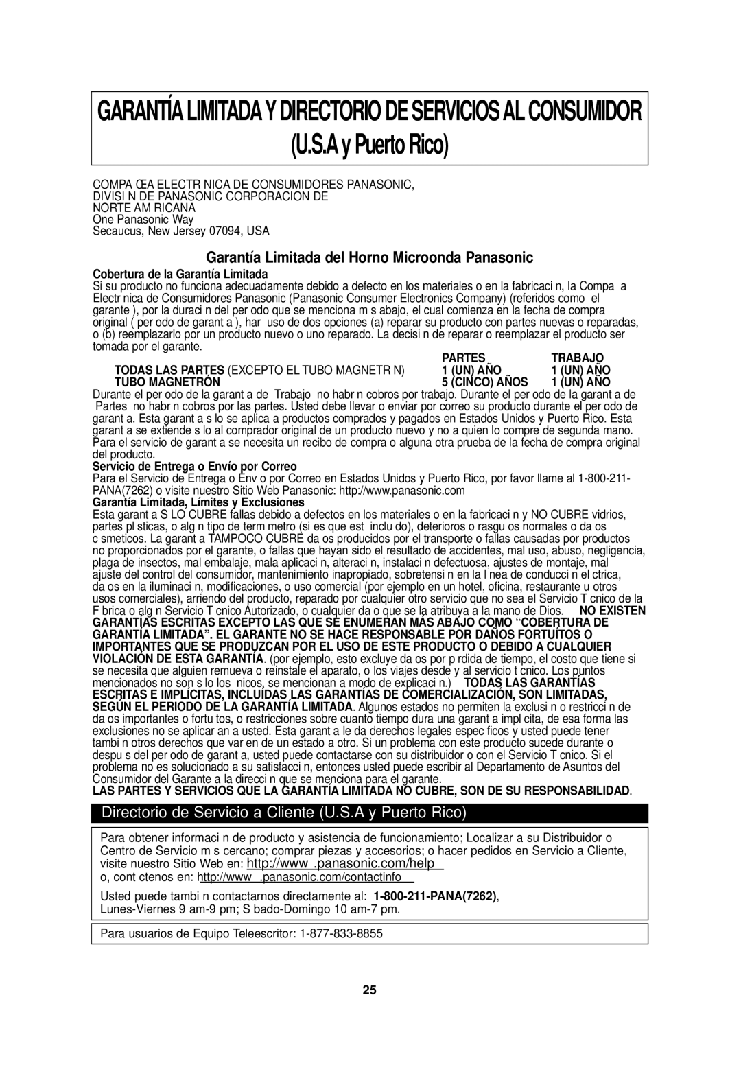 Panasonic NN-SD688S, NN-SD698S important safety instructions Ay Puerto Rico, Garantía Limitada del Horno Microonda Panasonic 