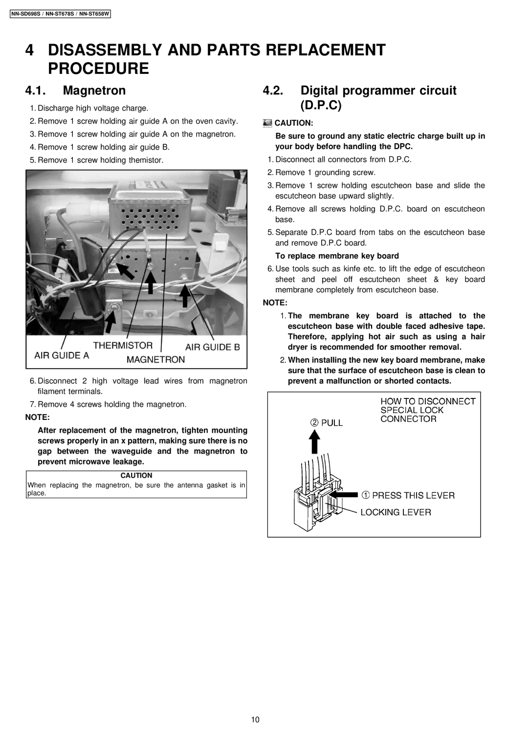 Panasonic NN-ST678S, NN-SD698S Disassembly and Parts Replacement Procedure, Magnetron, Digital programmer circuit D.P.C 