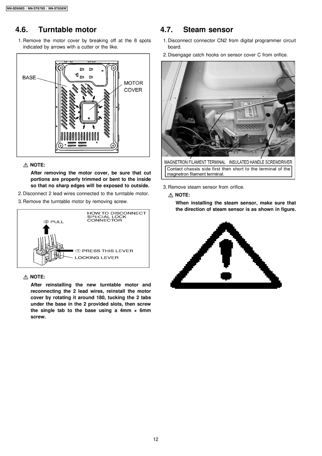 Panasonic NN-SD698S, NN-ST678S, NN-ST658W manual Turntable motor, Steam sensor 