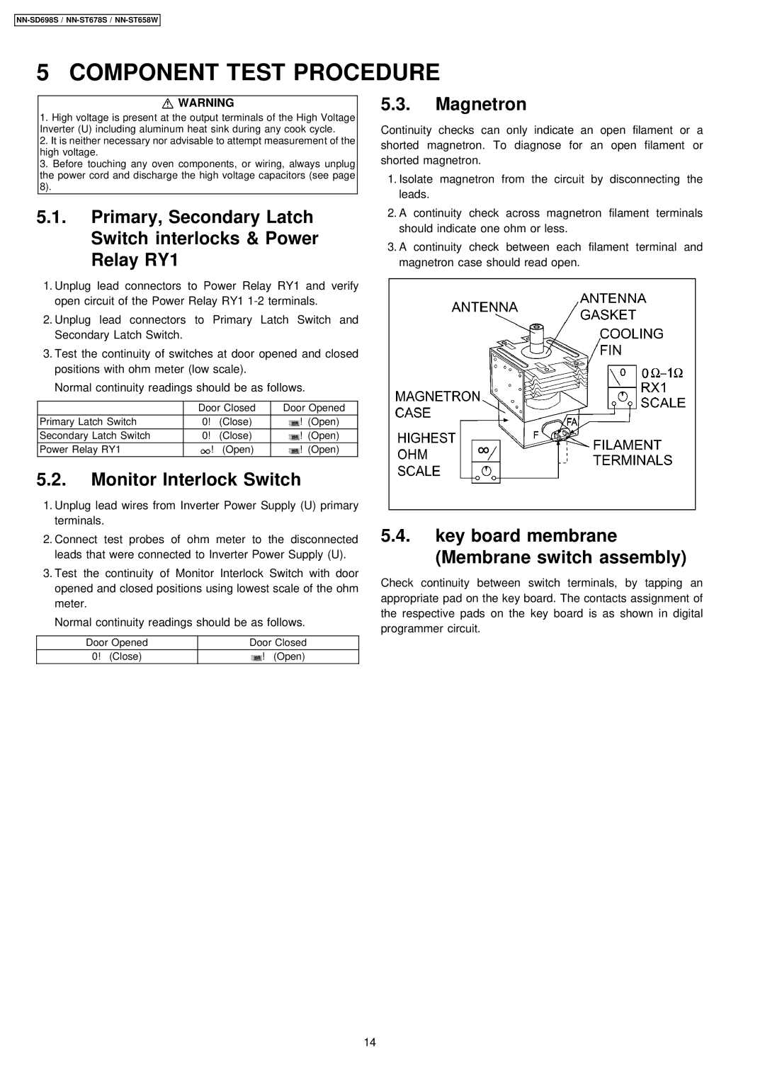 Panasonic NN-ST658W, NN-SD698S, NN-ST678S manual Component Test Procedure, Monitor Interlock Switch 