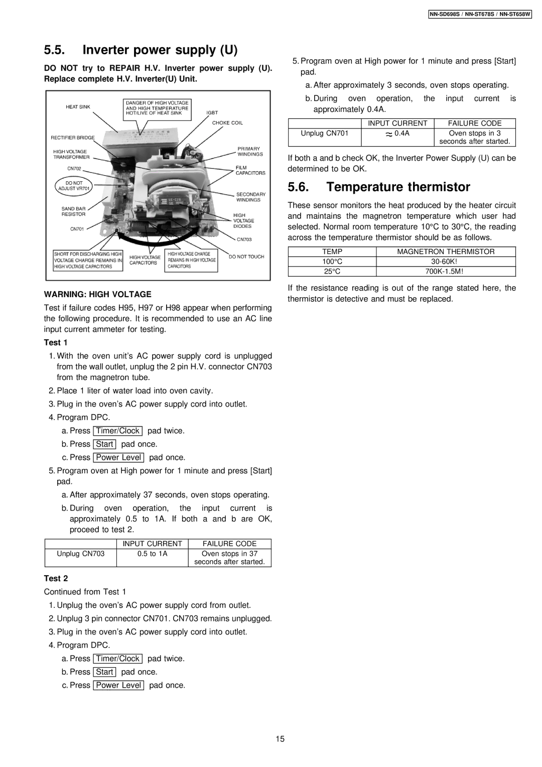 Panasonic NN-SD698S, NN-ST678S, NN-ST658W manual Inverter power supply U, Temperature thermistor, Test 