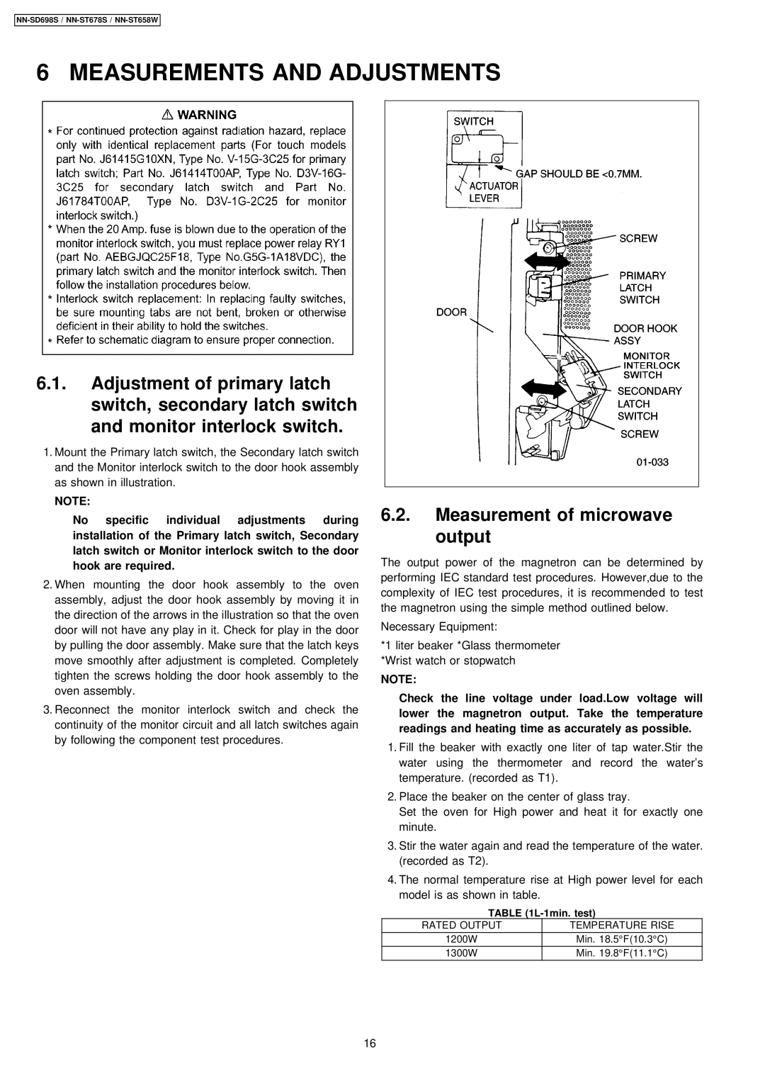 Panasonic NN-ST678S, NN-SD698S, NN-ST658W manual Measurements and Adjustments, Measurement of microwave output 