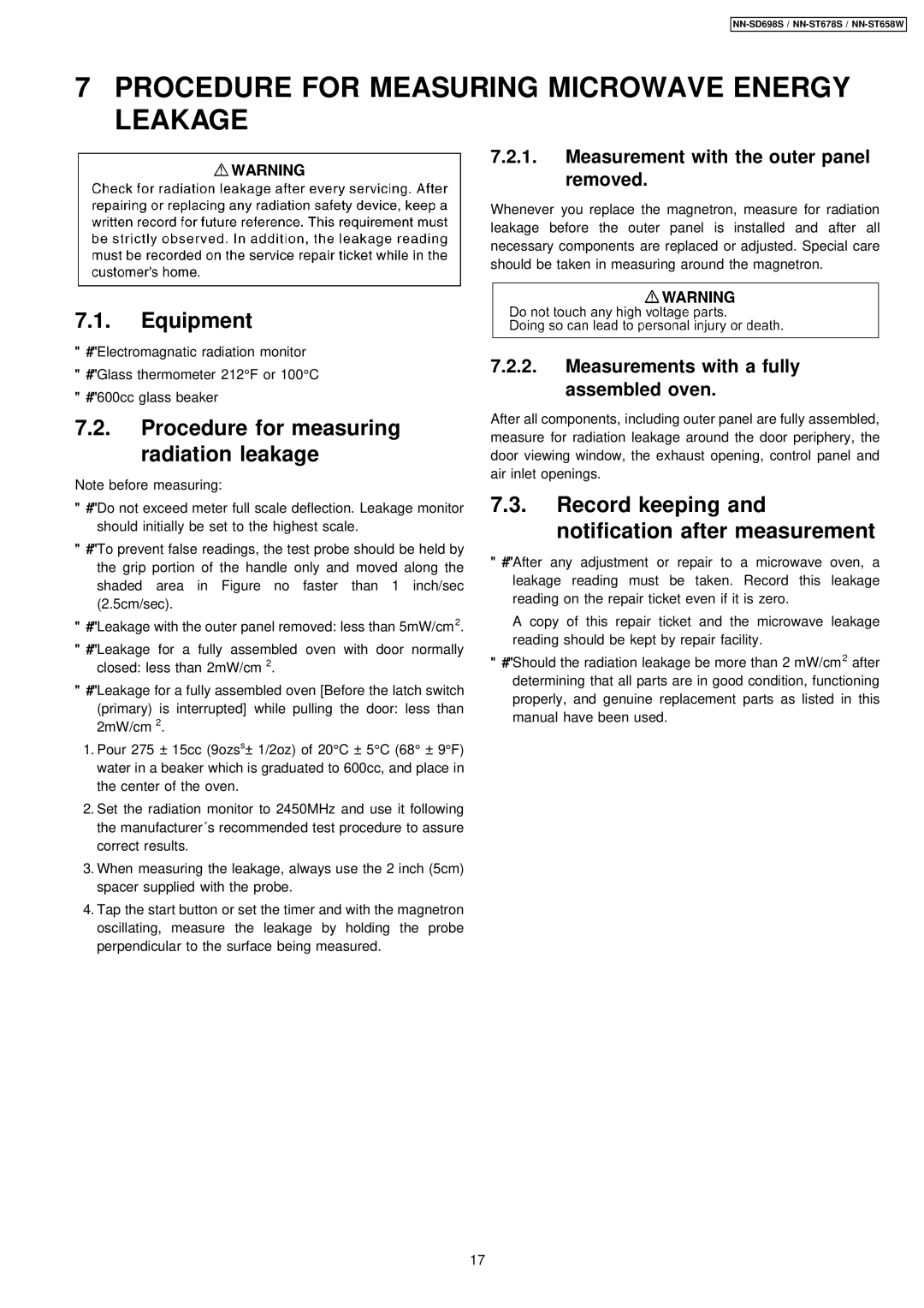 Panasonic NN-ST658W, NN-SD698S, NN-ST678S manual Procedure for Measuring Microwave Energy Leakage, Equipment 