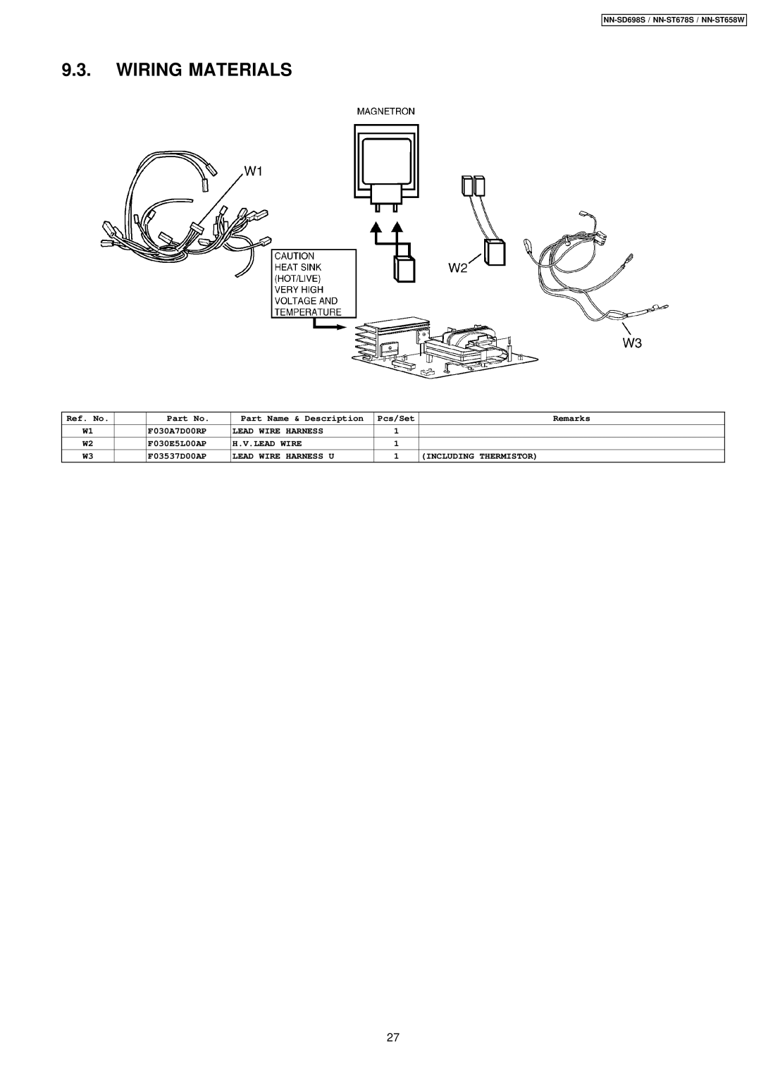 Panasonic NN-SD698S, NN-ST678S, NN-ST658W manual Wiring Materials 