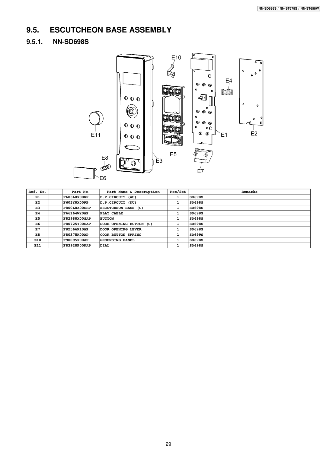 Panasonic NN-ST658W, NN-ST678S manual Escutcheon Base Assembly, NN-SD698S 