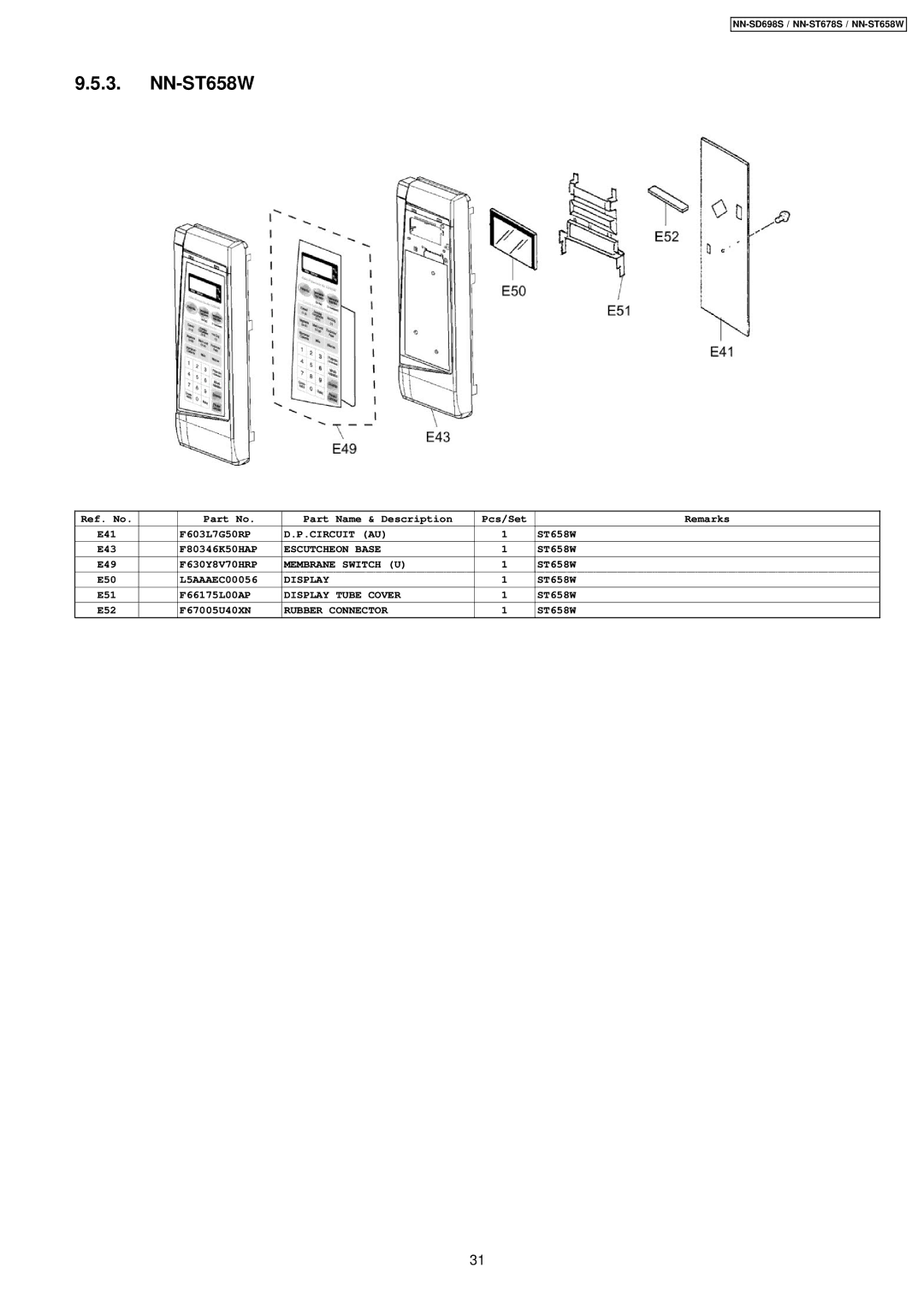 Panasonic NN-ST678S, NN-SD698S manual NN-ST658W 