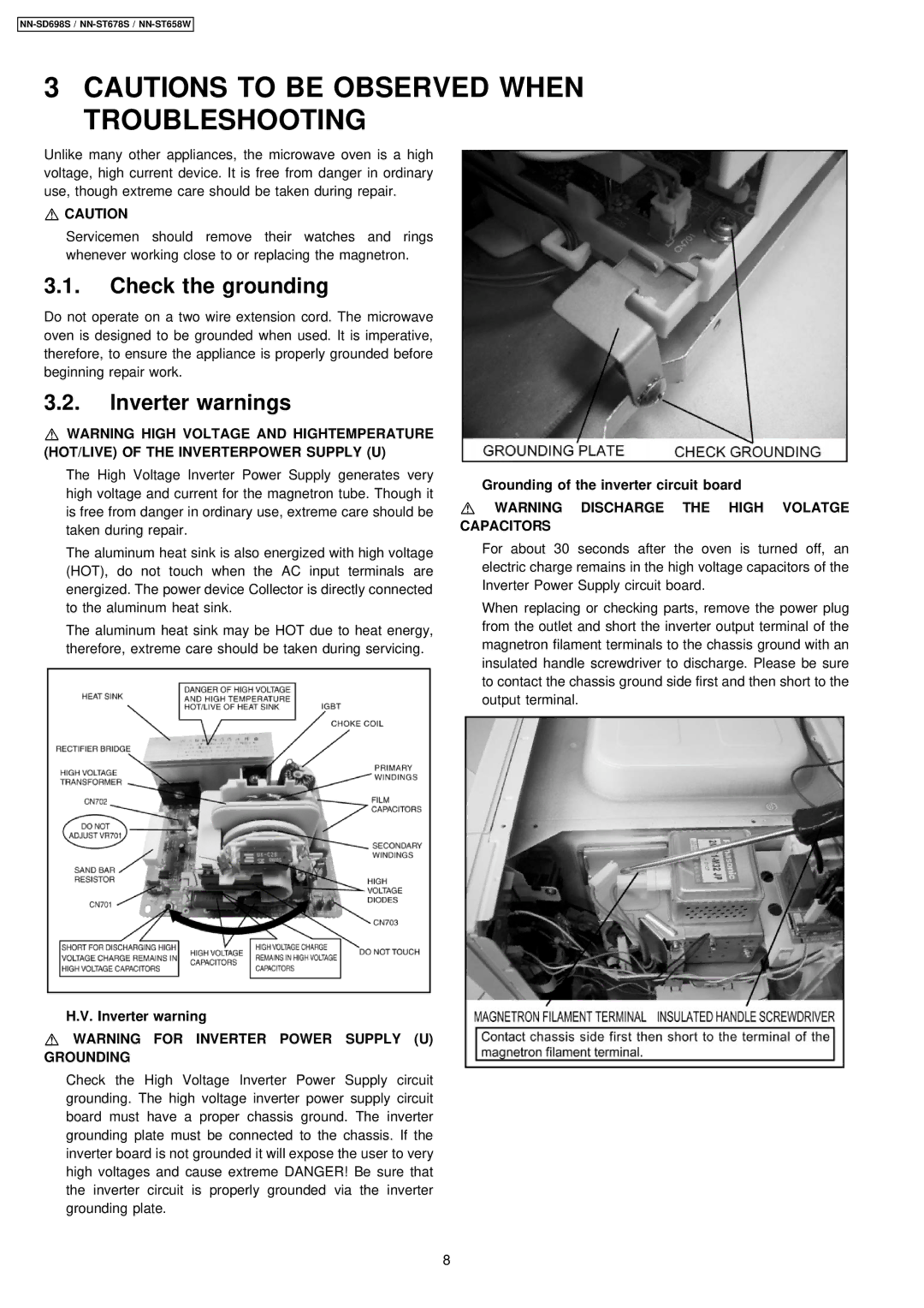 Panasonic NN-ST658W, NN-SD698S, NN-ST678S Check the grounding, Inverter warnings, Grounding of the inverter circuit board 