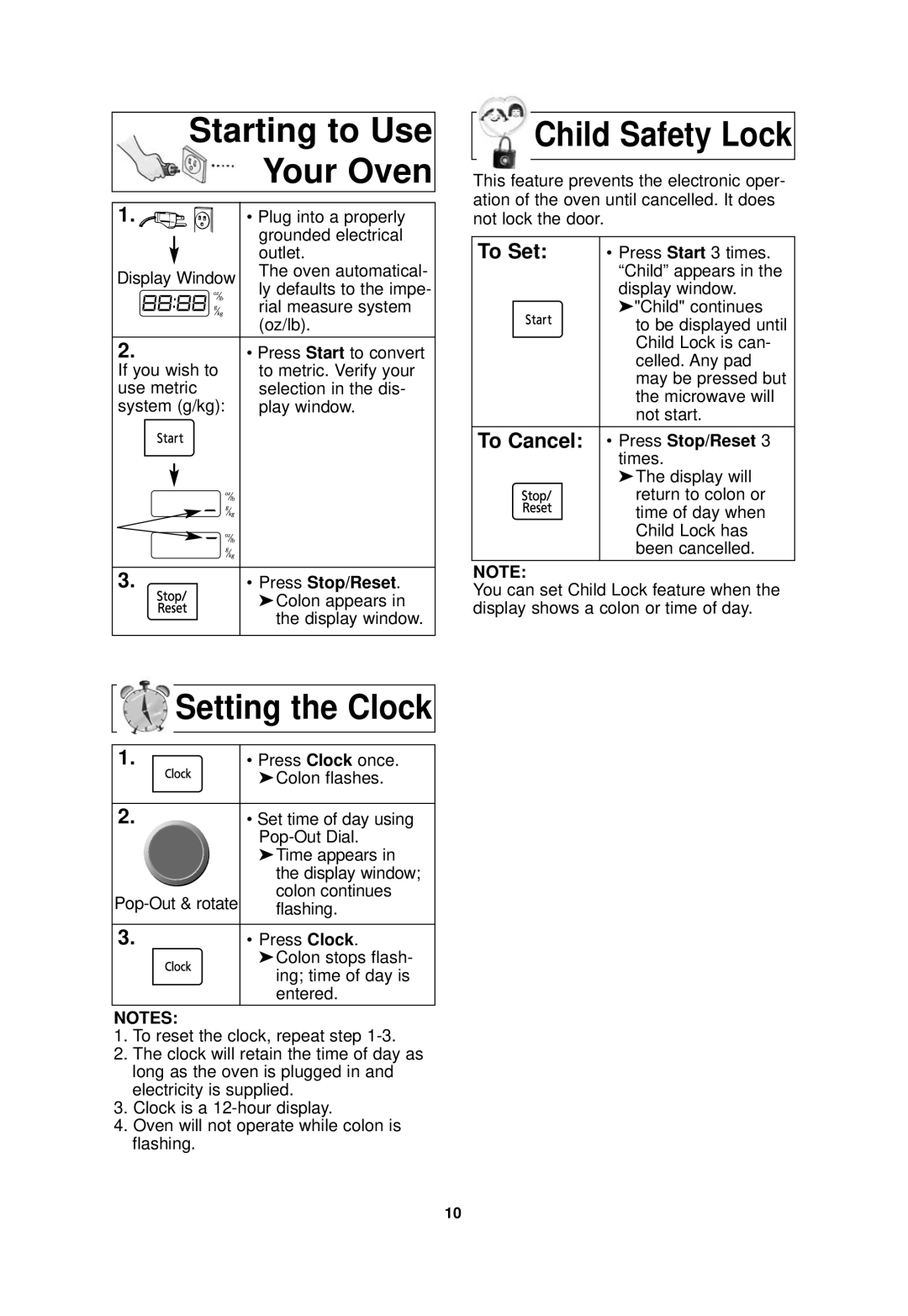 Panasonic NN-SD768B Starting to Use Your Oven, Setting the Clock, Child Safety Lock, To Set, To Cancel Press Stop/Reset 