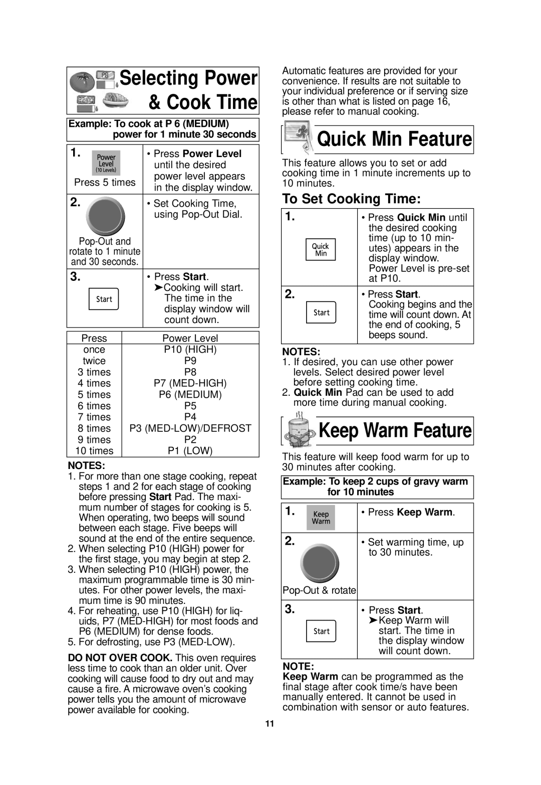 Panasonic NN-SD768W, NN-SD768B operating instructions Quick Min Feature, To Set Cooking Time, Press Power Level 