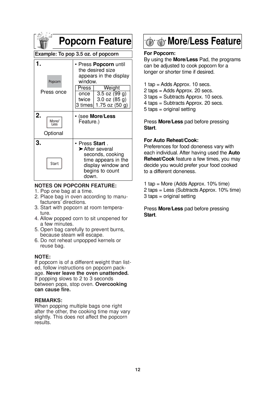 Panasonic NN-SD768B, NN-SD768W operating instructions Popcorn Feature, Remarks 