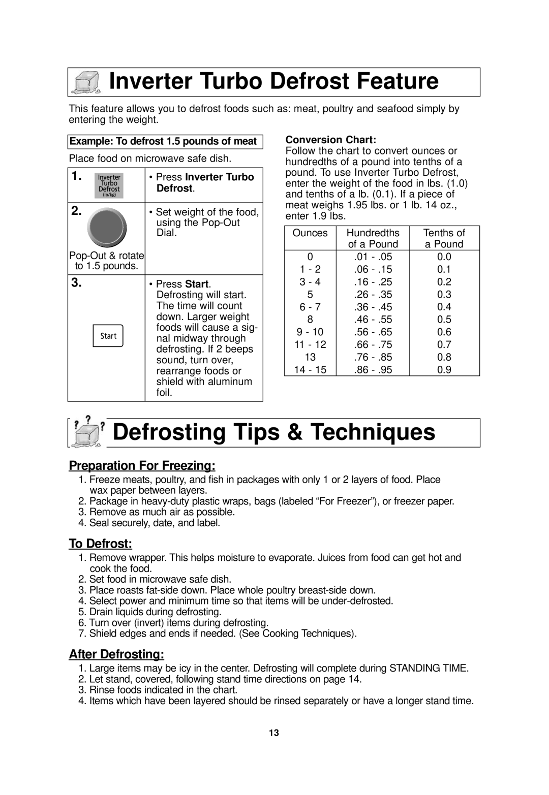 Panasonic NN-SD768W Inverter Turbo Defrost Feature, Defrosting Tips & Techniques, Preparation For Freezing, To Defrost 